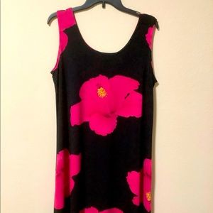 Sleeveless Black Dress with Bold Pink Floral Print